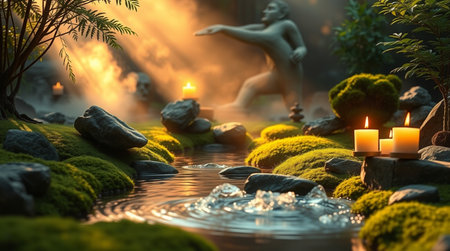 Fantasy scene with burning candles in the garden. 3d illustrationの写真素材