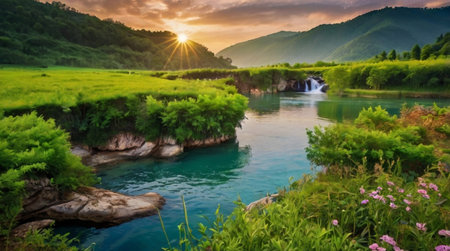 Beautiful sunset over the mountain river. Landscape in the mountains.の写真素材