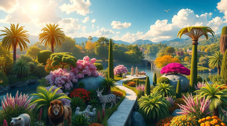 3D render of a fantasy garden with trees, flowers and animalsの写真素材