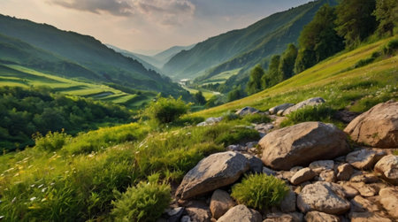 Panoramic view of the green valley in Carpathian mountainsの写真素材