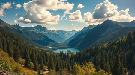 Panoramic view of the lake in the mountains. Summer landscapeの写真素材