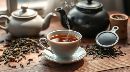 Cup of tea with teapot on wooden table, closeupの写真素材