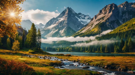 Mountain landscape with lake and forest in the foreground, Switzerland.の写真素材