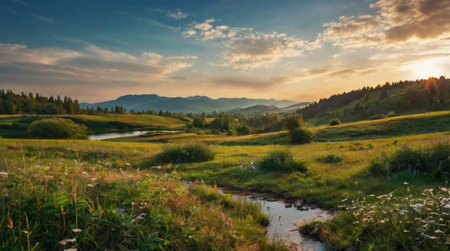 Panoramic view of a mountain river at sunset. Summer landscape.の写真素材