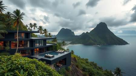 3d rendering of modern cozy house with pool and parking for sale or rent. Beautiful tropical island...