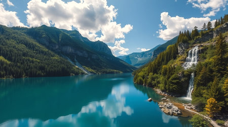 Panoramic view of turquoise lake in the mountains.の写真素材