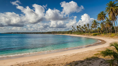 Panoramic view of the beach with palm trees and blue sky