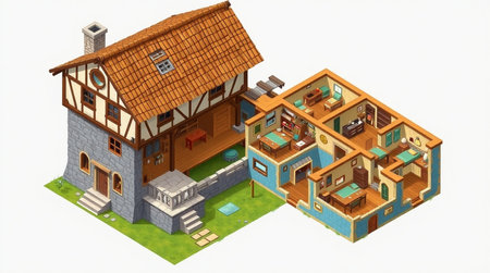 3D isometric illustration of a country house with a garden.