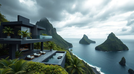 3d rendering of modern cozy house with pool and parking for sale or rent in luxurious style. Mountain view on the background.の写真素材