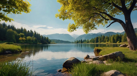 Beautiful lake in the mountains. Landscape with lake and trees.