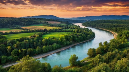 Aerial view of the river Dniester at sunset.の写真素材