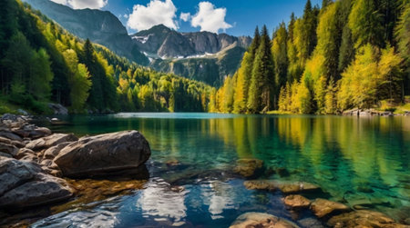 Beautiful alpine lake with clear water and mountains in the background