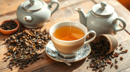 Cup of tea with teapot and cups on wooden tableの写真素材