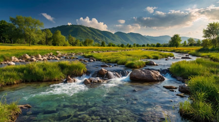 Beautiful panorama of a mountain river in the Altai mountainsの写真素材