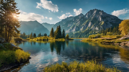 panoramic view of alpine lake in the alpsの写真素材