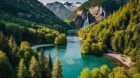 Aerial view of the emerald water of a mountain lake in the Alpsの写真素材