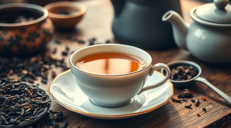 Cup of tea with teapot and cups on wooden tableの写真素材