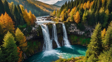 Aerial view of beautiful waterfall in autumn forest. Panoramic view of beautiful waterfalls in autumn forest.の写真素材