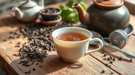 Cup of aromatic black tea and teapot on wooden table, closeupの写真素材
