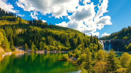 Beautiful view of the mountain lake with clear water and forest in the backgroundの写真素材
