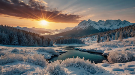 Beautiful winter landscape with snow-covered fir forest and mountain river at sunsetの写真素材