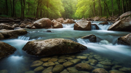 Mountain river flowing through the forest, beautiful nature background, long exposure