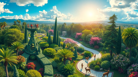 Panoramic view of the beautiful garden. 3D rendering.の写真素材