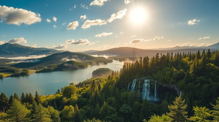 Aerial view of a beautiful waterfall on a mountain lake at sunset