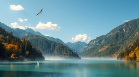 Beautiful autumn landscape with mountain lake and flying seagull.の写真素材