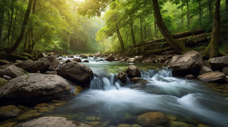 Mountain river flowing through the forest in summer. Nature composition.