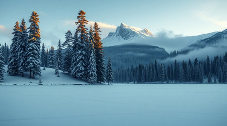 Fantastic winter landscape. Dramatic wintry scene with snow covered fir trees.の写真素材