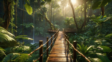 Wooden bridge in the jungle with sunlight and fog in the morning