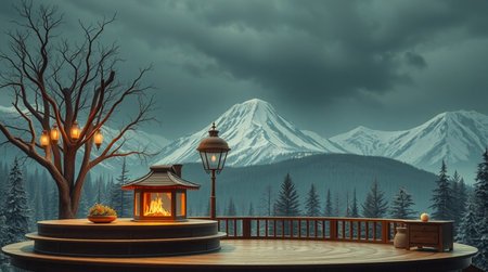 3D render of a wooden terrace with a lantern in the mountainsの写真素材