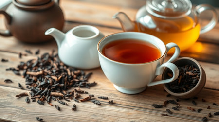 Cup of tea and teapot on wooden table, closeupの写真素材