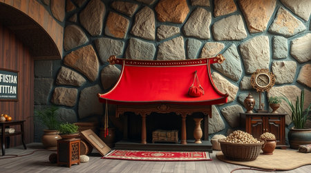 3D rendering of a Chinese house in the living room with a fireplaceの写真素材
