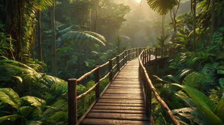 Wooden walkway in tropical rainforest. Travel and adventure conceptの写真素材