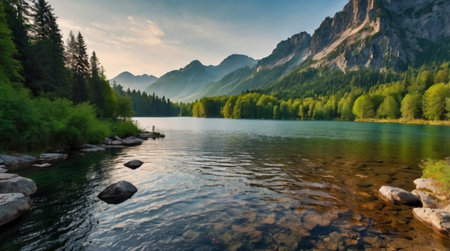 Mountain lake in Dolomites, Italy. Panoramic view