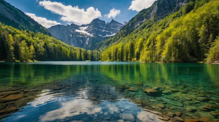 Beautiful alpine lake with crystal clear water and mountains in background