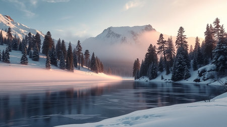 Fantastic winter landscape with snow covered trees and lake at sunrise