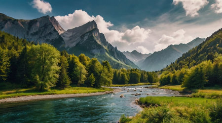 Panoramic view of the mountain river in the mountains. Summer landscape.の写真素材
