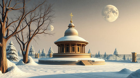 Winter landscape with christian church and moon. 3D illustration.の写真素材