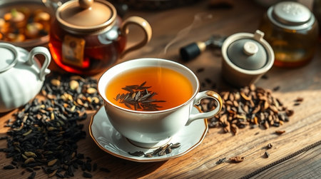 Tea in a cup and teapot on an old wooden tableの写真素材
