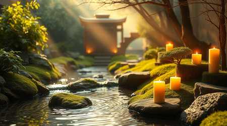 Beautiful Japanese garden with candles in the morning. 3d rendering.の写真素材