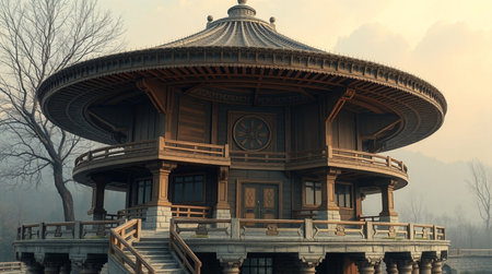 Wooden pavilion in the park - 3d render illustration.の写真素材
