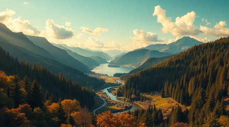 Beautiful autumn landscape with mountains, lake and forest at sunset.の写真素材