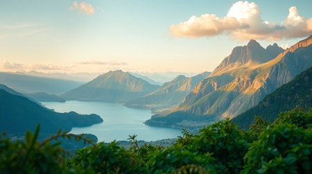 Panoramic view of Lake Lucerne and mountains in the background, Switzerlandの写真素材