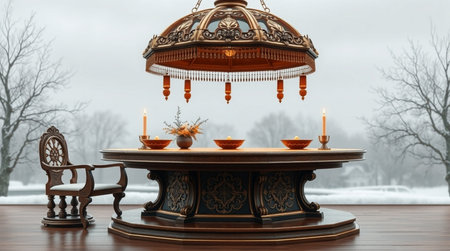Interior of a candlestick with candles on a wooden tableの写真素材