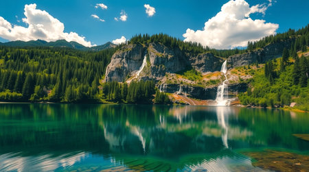Panoramic view of beautiful alpine lake with clear turquoise water and waterfall in mountainsの写真素材
