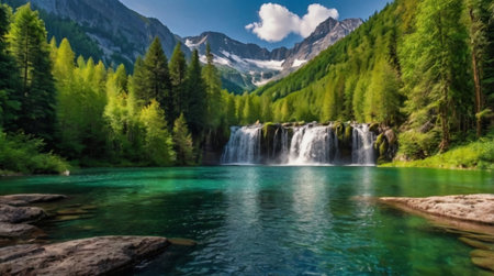 Beautiful view of alpine lake and waterfall in mountains, Switzerland