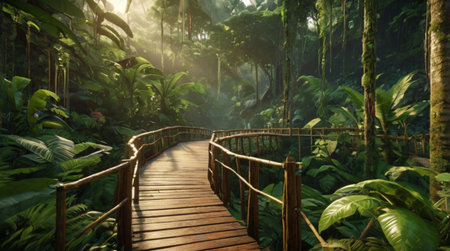 Wooden walkway in tropical rainforest with sunlight, nature background